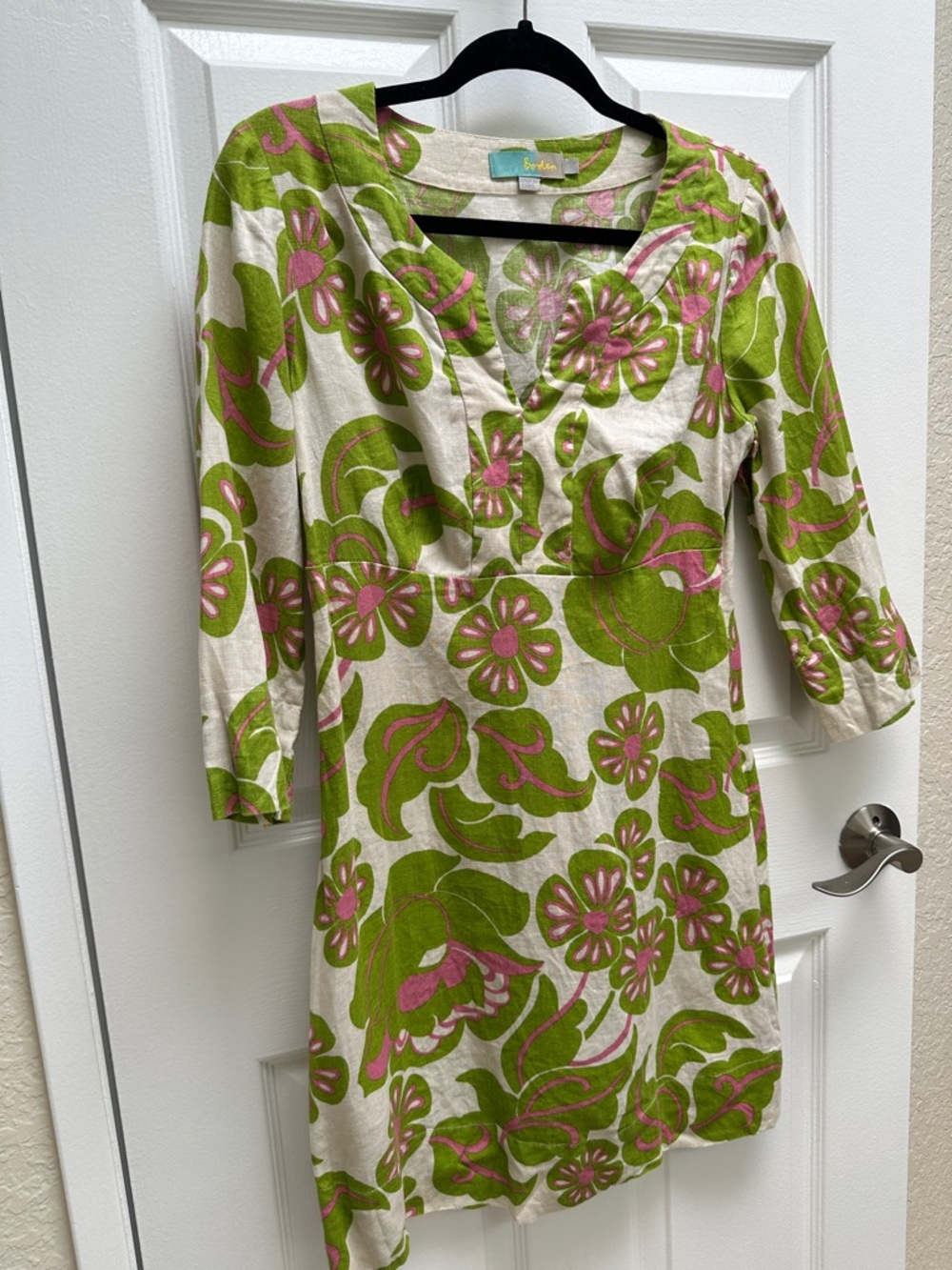 Boden Floral Linen Tunic Dress in Green & Pink